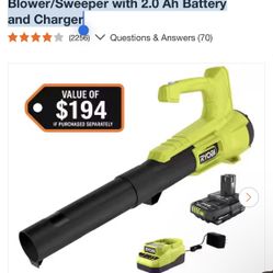 RYOBI ONE+ 18V 90 MPH 250 CFM Cordless Battery Leaf Blower/Sweeper with 2.0 Ah Battery and Charger