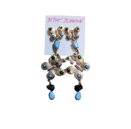Betsey Johnson Gold Toned Butterfly Blue Green Iridescent Drop