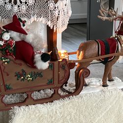 Vintage Holiday Creation Animated Musical Christmas Santa On Sleigh Reindeer