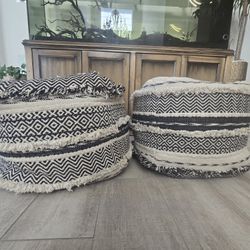 Aya Ottomans (2) Cotton Wool Upholstered Striped Design with Fringe Tassels Round Pouf Modern Transitional, Black