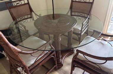 56” Round Glass Dining Table with Tropical Rattan Base