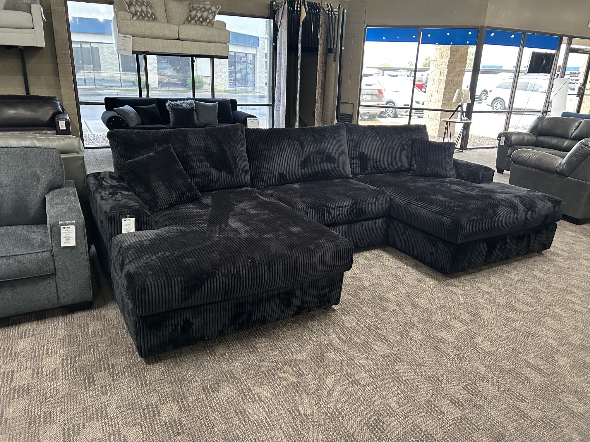 Big Soft Black Chaise Corduroy Sectional Couch