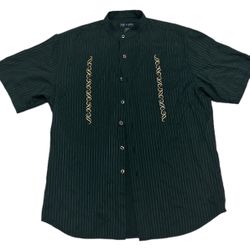 The Point Button Up Shirt Men’s L Green Yellow Baroque Print Stripes Casual