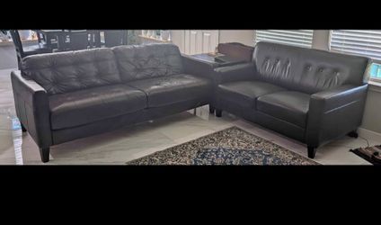 Dark Gray Leather Sofa and Loveseat Set