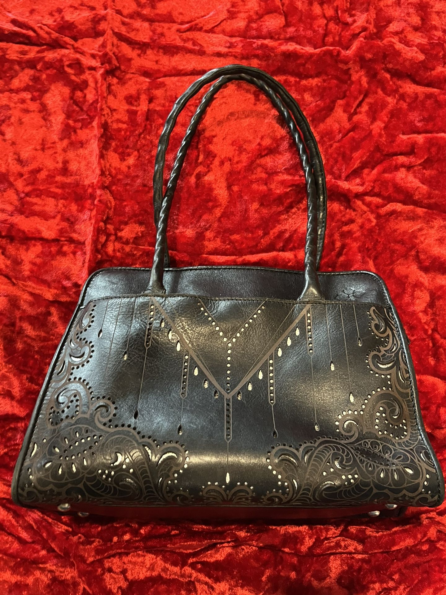 Patricia Nash Black Tooled Leather Satchel Purse With Cut Outs 