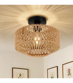 Boho Light Fixtures Ceiling Mount,Mini Rattan Chandelier Light Fixture with Dimmable LED Bulb,Hand Woven Ceiling Light Fixtures Flush Mount for Hallwa