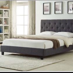 Brand New In Box Queen Size Dark Grey Linen Upholstered Bed With Mattress. Assembly Required, We Can Deliver, Cama Con Colchon.