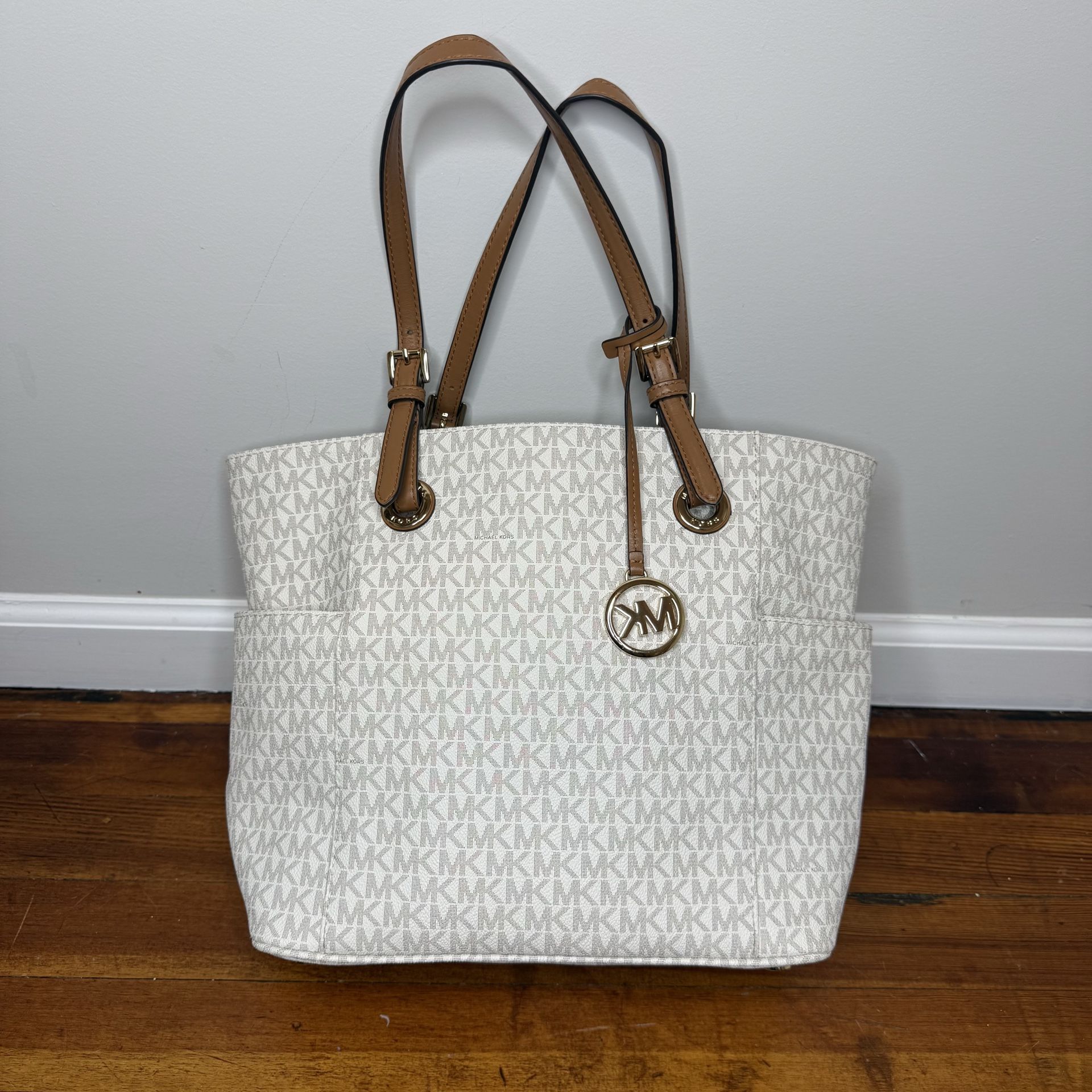 Michael Kors Cream MK Logo Tote with Tan Straps