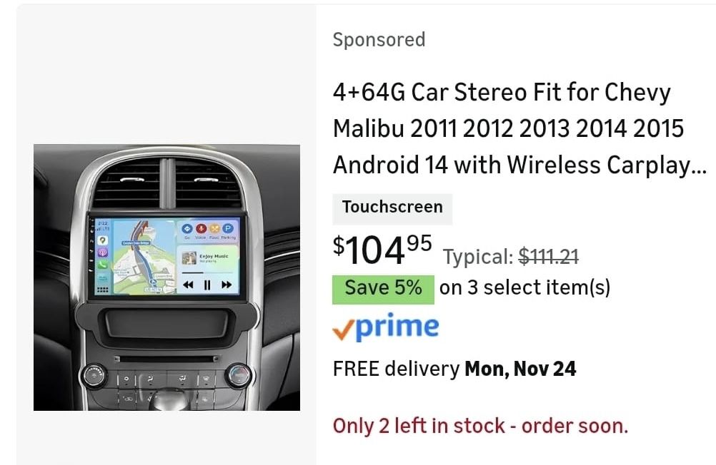 4+64G Android 14 Car Stereo Radio – Fit for Chevy Malibu 2011–2015