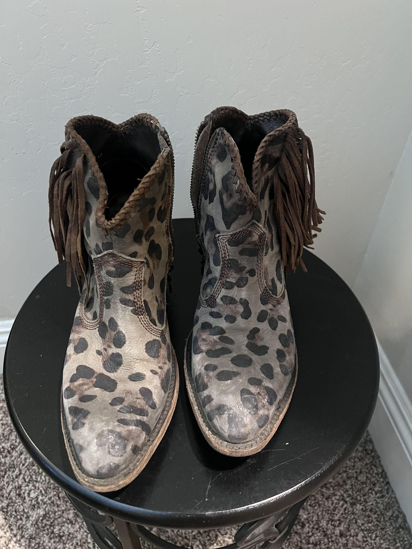 Leopard Fringed Leather Boots