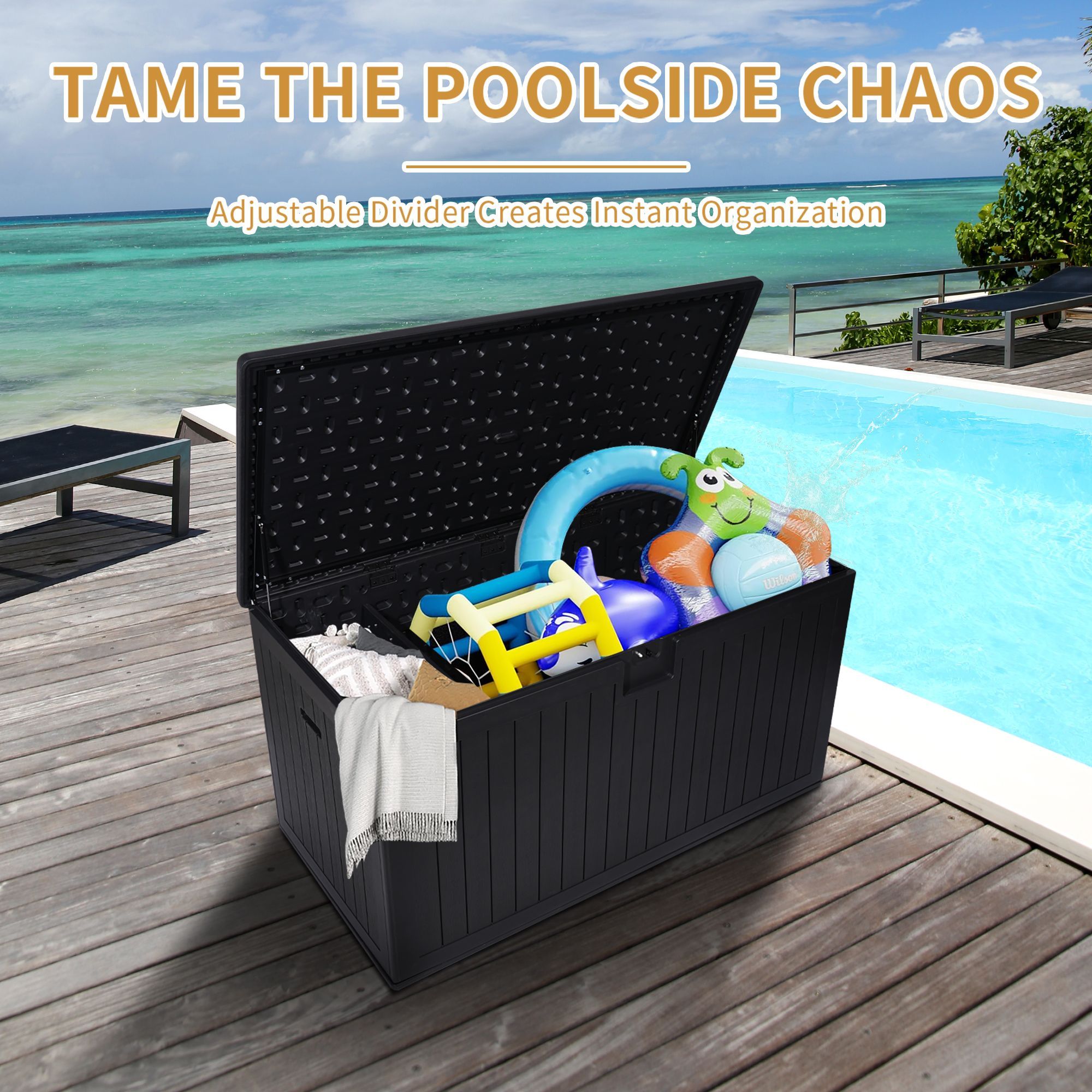230 Gallon Resin Outdoor Deck Box Waterproof, Extra Large Patio Storage Box with Lockable Storage Containers for Patio Furniture Cushions, Pool Access