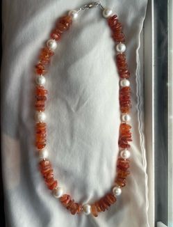 Carnelian and fresh water pearl sterling silver necklace