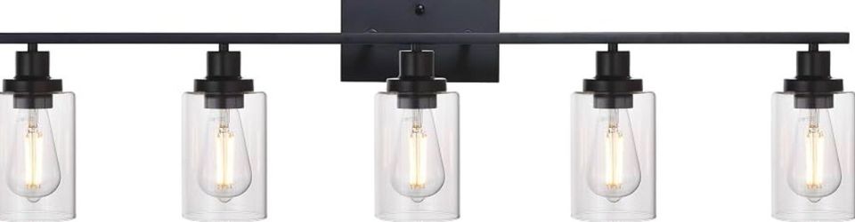 MELUCEE 40 Inches Length 5-Light Bathroom Vanity Light Fixtures Black Industrial Wall Sconce Lighting with Clear Glass Shade for Living Room Bedroom