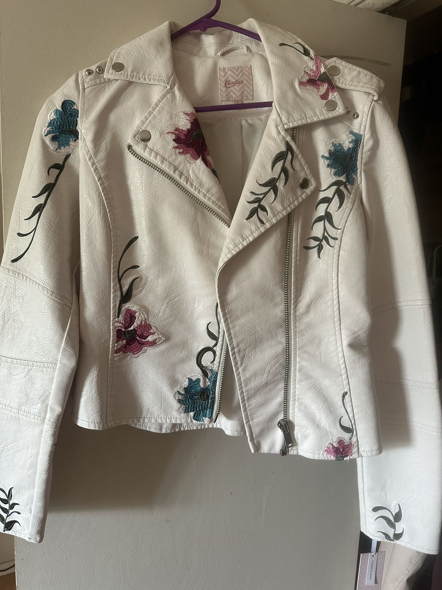 Imitation White Leather Embroidered Jacket sz SM