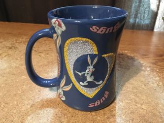 Six flags bugs Bunny coffee cup mug Looney tunes blue heart sparkly