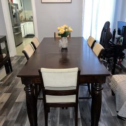 Dark Brown Wooden Dining Room Table + 6 Tall Chairs