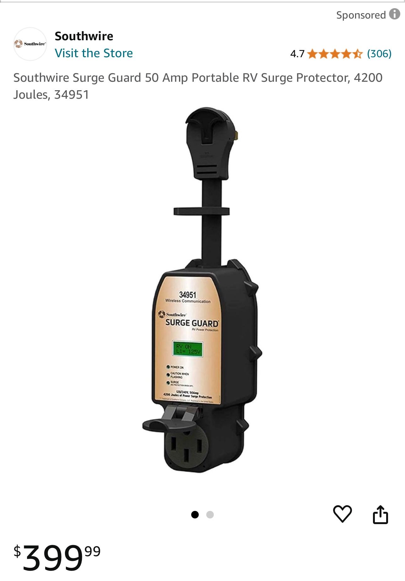 50 Amp Portable RV Surge Protector,