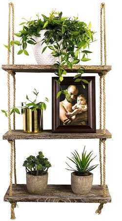 Decorative Wall Hanging Shelf, 3 Tier Distressed Wood Jute Rope Floating Shelves, Rustic Home Wall Decor