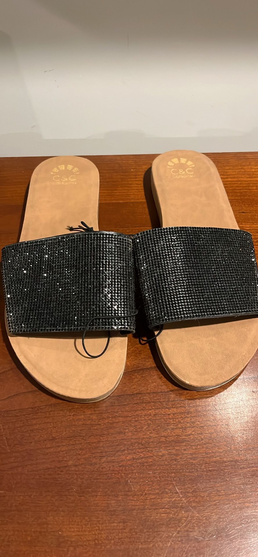 C & C California Black Sparkly Slides Size 9