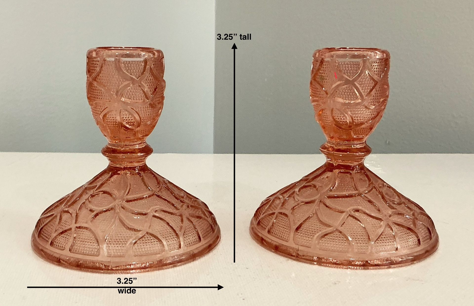 Pair of Vintage Pink or Peach Etched Depression Glass Tapered Candleholders