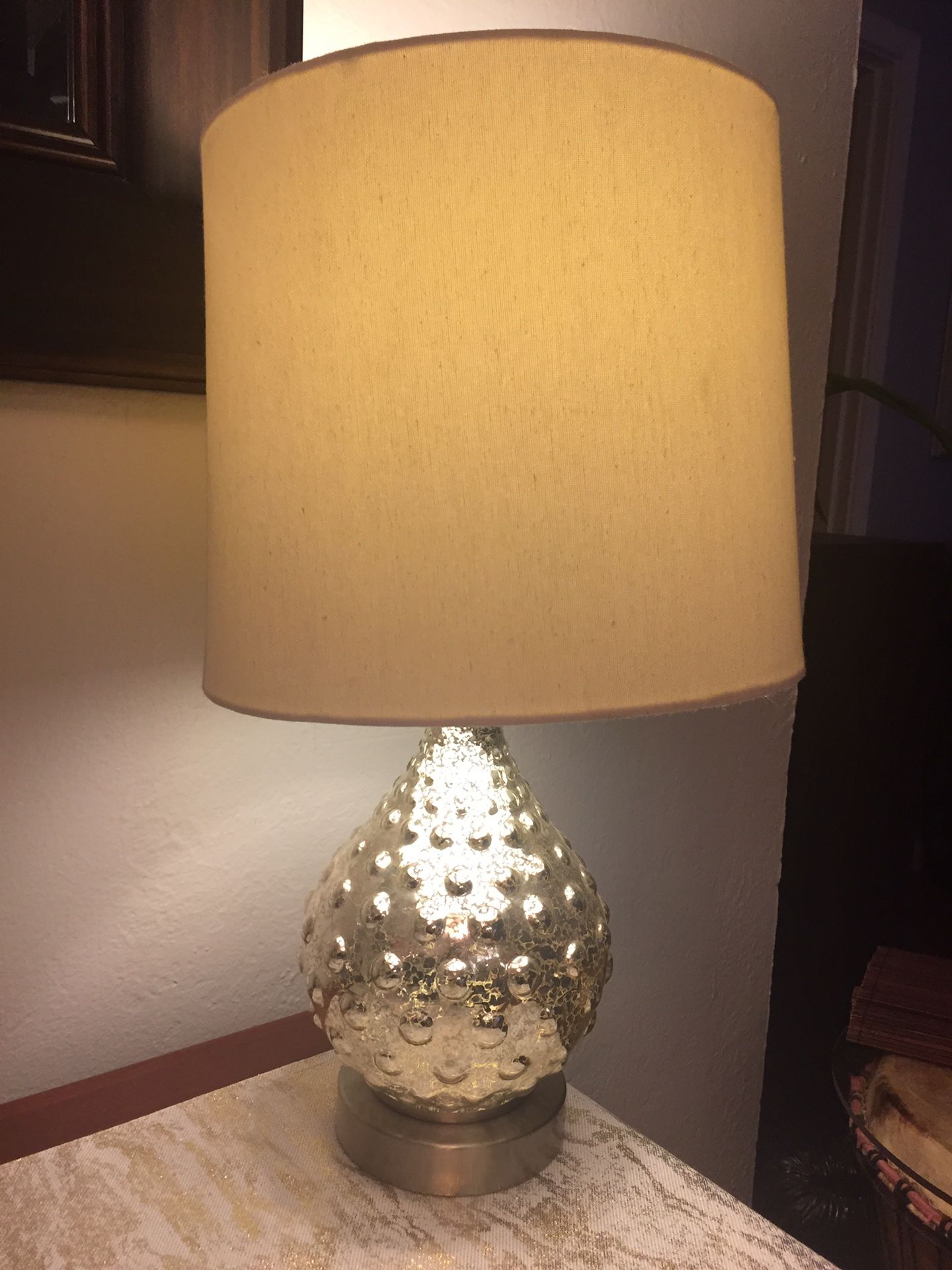 Silver glass lamp with shade and bulb