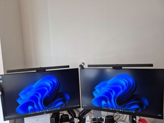 Complete Dual LG 27” Monitor Setup + Light Bars, Monitor Arm & Speaker