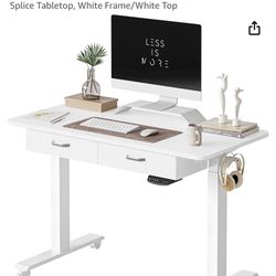 FEZIBO Adjustable Height Electric Standing Desk with Double Drawer, 48 x 24 Inches Stand Up Home Office Desk with Splice Tabletop, White Frame/White T