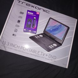 New Trexonic Portable 13.3" TV+DVD Player With Color TFT LED Screen And USB/HD/AV Inputs, Teal With New Roku Streaming TV Stick Set.