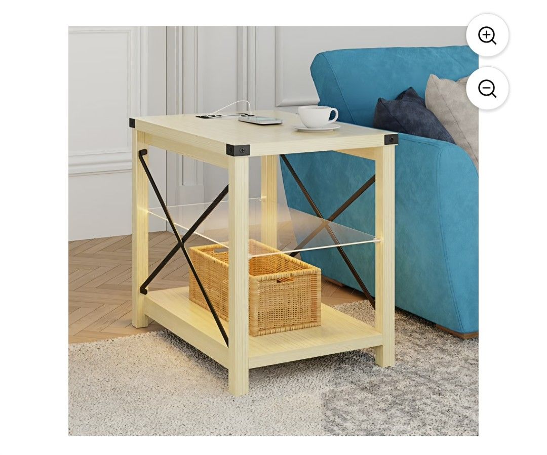 Set of 2.End Side Table with LED Lights, Small Bed Side Table with Charging Station for Narrow.Nature Wood