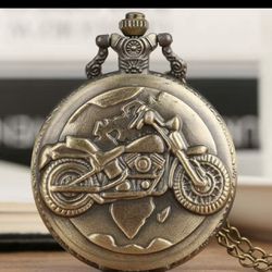 Bronze Motorcycle Motorbike MOTO Chain Pocket Watch Necklace Pendant Mens