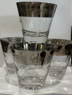 Mid Century Set Of Platinum Rim Etched Barware