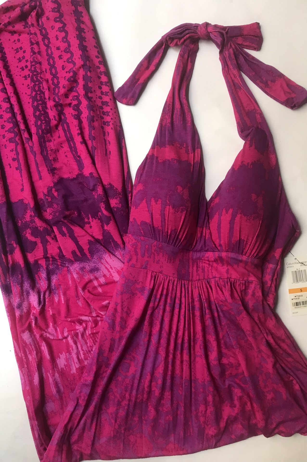 calvin klein tie dye maxi dress Size 2) Calvin Klein Tie Dye Striped Sleeveless Maxi Dress Blue Stretch SEE DES