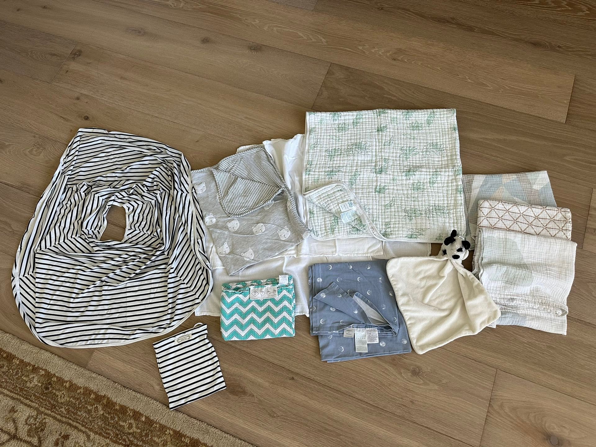 Bundle Of Baby Blankets, Disney Muslin Cotton, Pottery Barn Kids Swaddle Blankets, Baby Gap, Car seat Cover, Nursing Cover, Jellycat Dog Soother