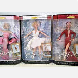 Marilyn Monroe 3 barbie dolls Gentlemen Prefer Blondes PINK / WHITE 7 year itch / RED 