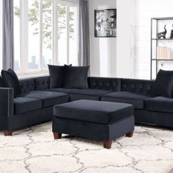 Brand New Black Velvet Sectional Sofa w Ottoman