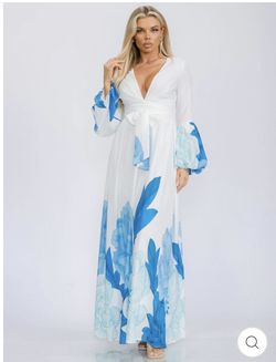 WOMEN'S LONG BELL SLEEVE V-NECK SELF TIE FLORAL PRINT MAXI DRESS