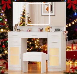 Makeup Vanity Desk With Led Mirror & Power Outlets, Glass Top & 5 Drawers, Dressing Table With 2 Lighted Cabinets