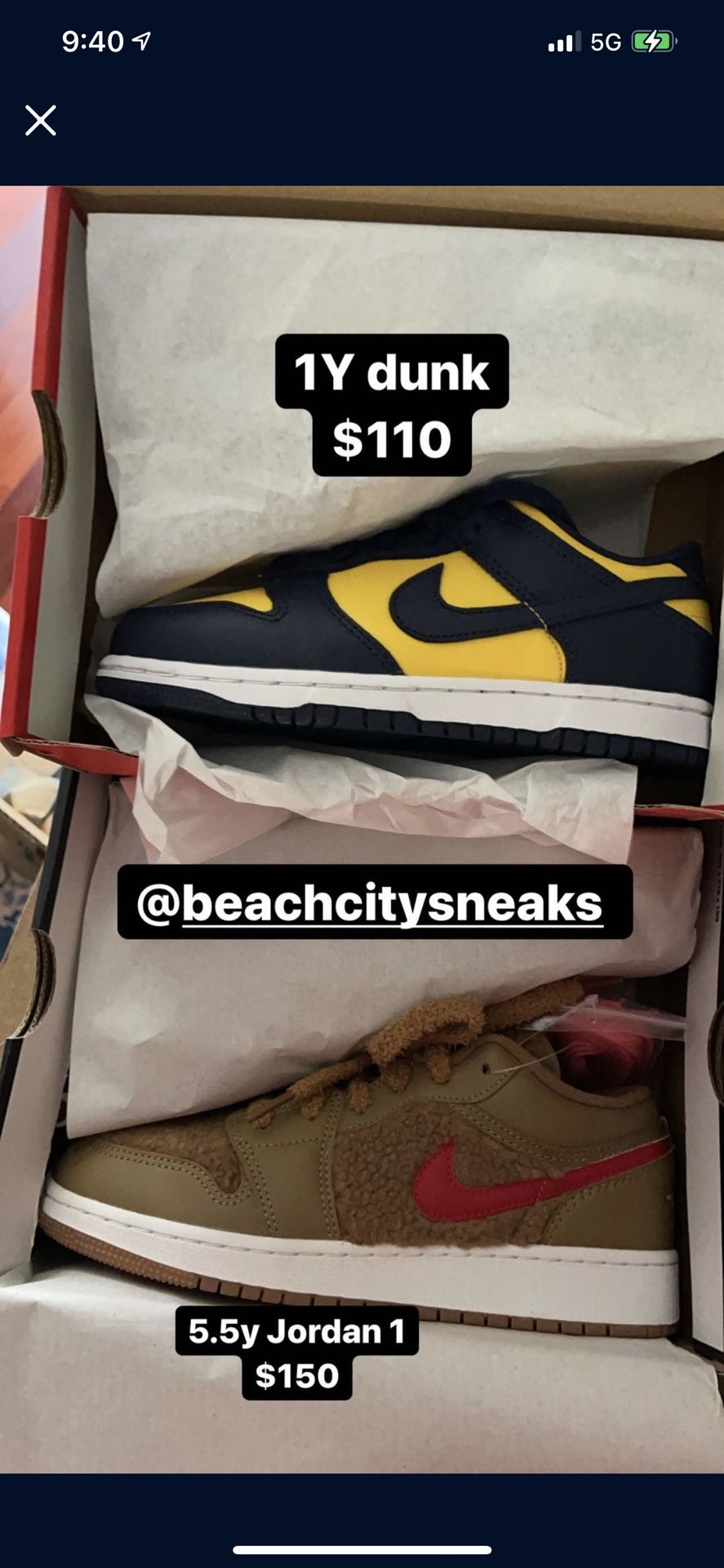 Nike Dunk Varsity Maize Size 1Y And Jordan 1 Bears Size 5.5Y Men's shoes