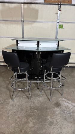 44 in. Like New Black Curved Back Metal Frame and Frosted Glass Top Bar Unit with Two Bar Stools