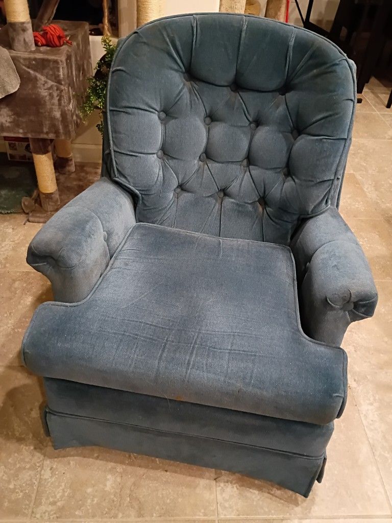 Blue Over Stuffed Rocking Chair That Swivels No Rios Or Tears Nice Gently Used Condition Condition Arm And Head Covers Included Cash Only Please
