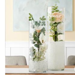 18” Cylinder Vases / Mosaic Glass Gem Pebbles /  Clear Acrylic Rocks Vase Fillers