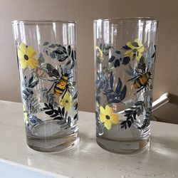 NEW Bees Wildflowers Botanical Handpainted Drinking Glasses