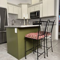 Heavy Wrought Iron Bar Stools – Reupholstered – Vintage Chiavari Style