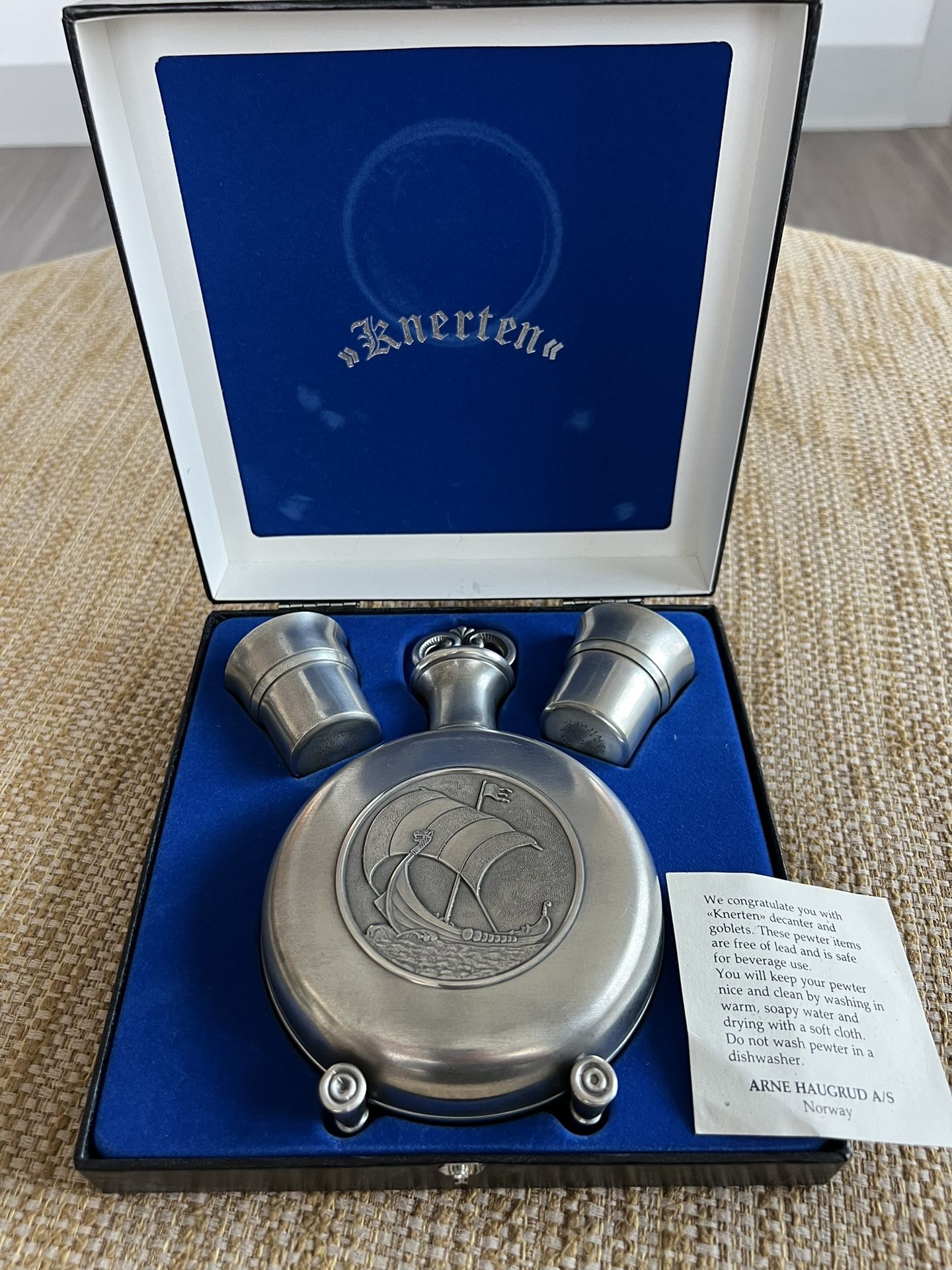 Vintage Pewter Flask by Haugard Norway, Viking ship, Nordic Folk Art, Solid Pewter.