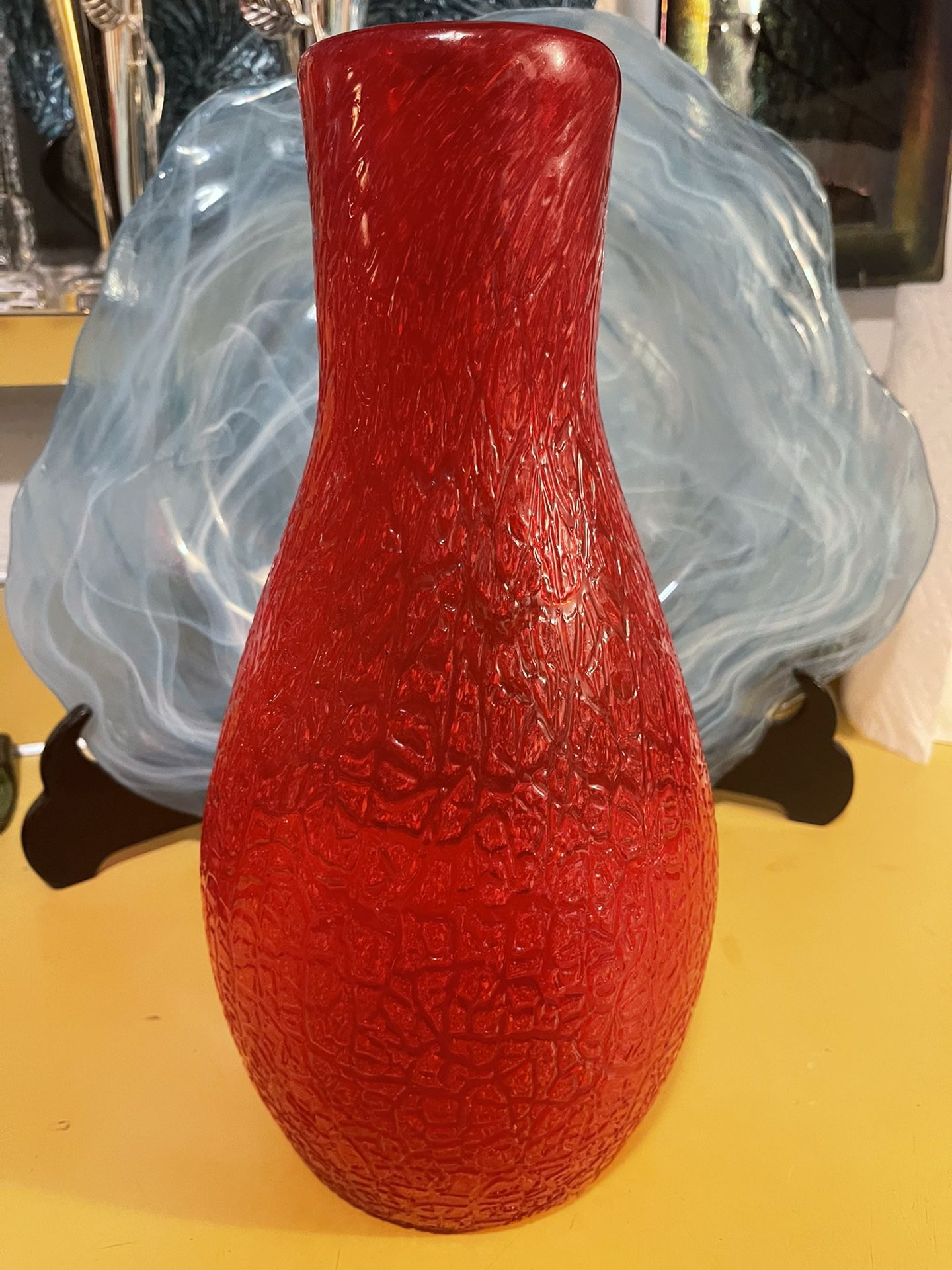 Large Vintage Ruby Red Crackle Vase - Rare And In Perfect Condition!  