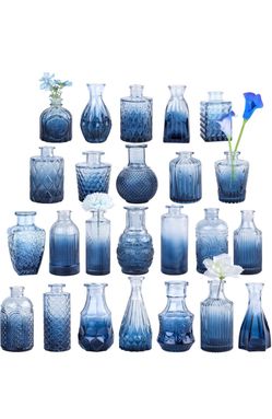 24pcs Blue Glass Bud Vases Set, Small Vases for Flowers Perfect for Centerpieces