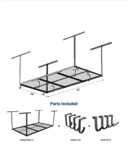 BRAND NEW Shop FLEXIMOUNTS OHK Series 36 in. W x 72 in. D x 22-40 in. H Black Ceiling Mounted Overhead Garage Storage Rack with Accessory Hooks