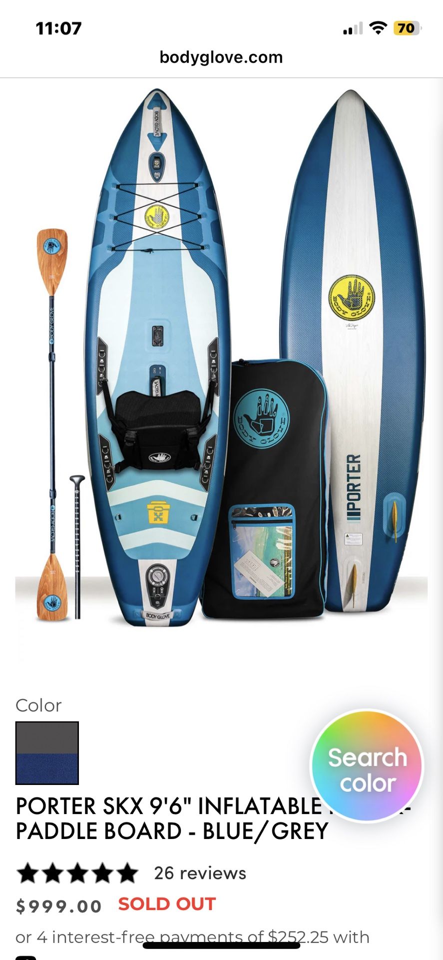Body Glove Porter 9'6" Inflatable Stand Up Paddleboard & Kayak - Hybrid Blue