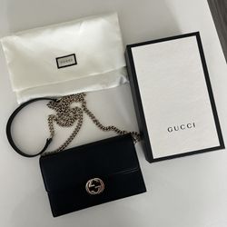 Gucci Black Dollar Calfskin Leather Interlocking G Chain Wallet