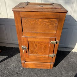 Antique Oak Ice Box Style Cabinet — Early 20th Century — Burned Assembly Numbers — On Wood Casters